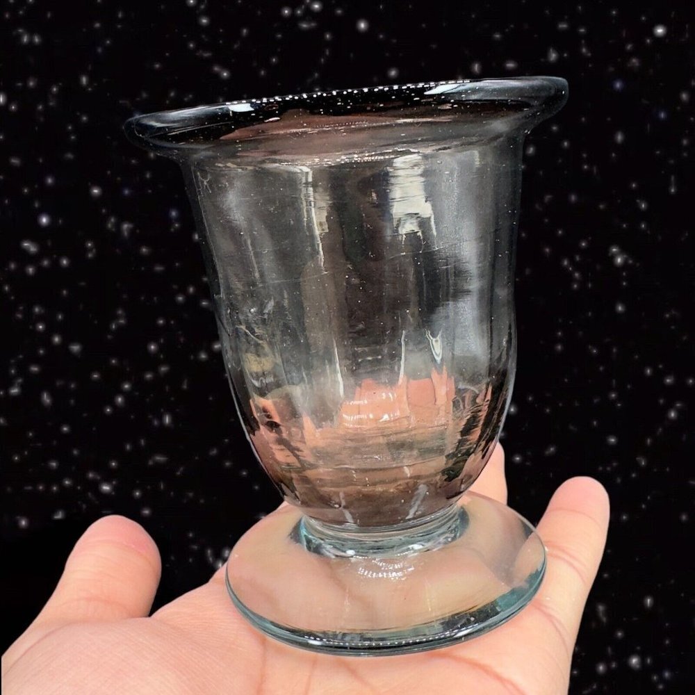 Hand Blown‎ Art Glass Vase Bowl With Applied Base Clear Smokey Gray Black 4”T